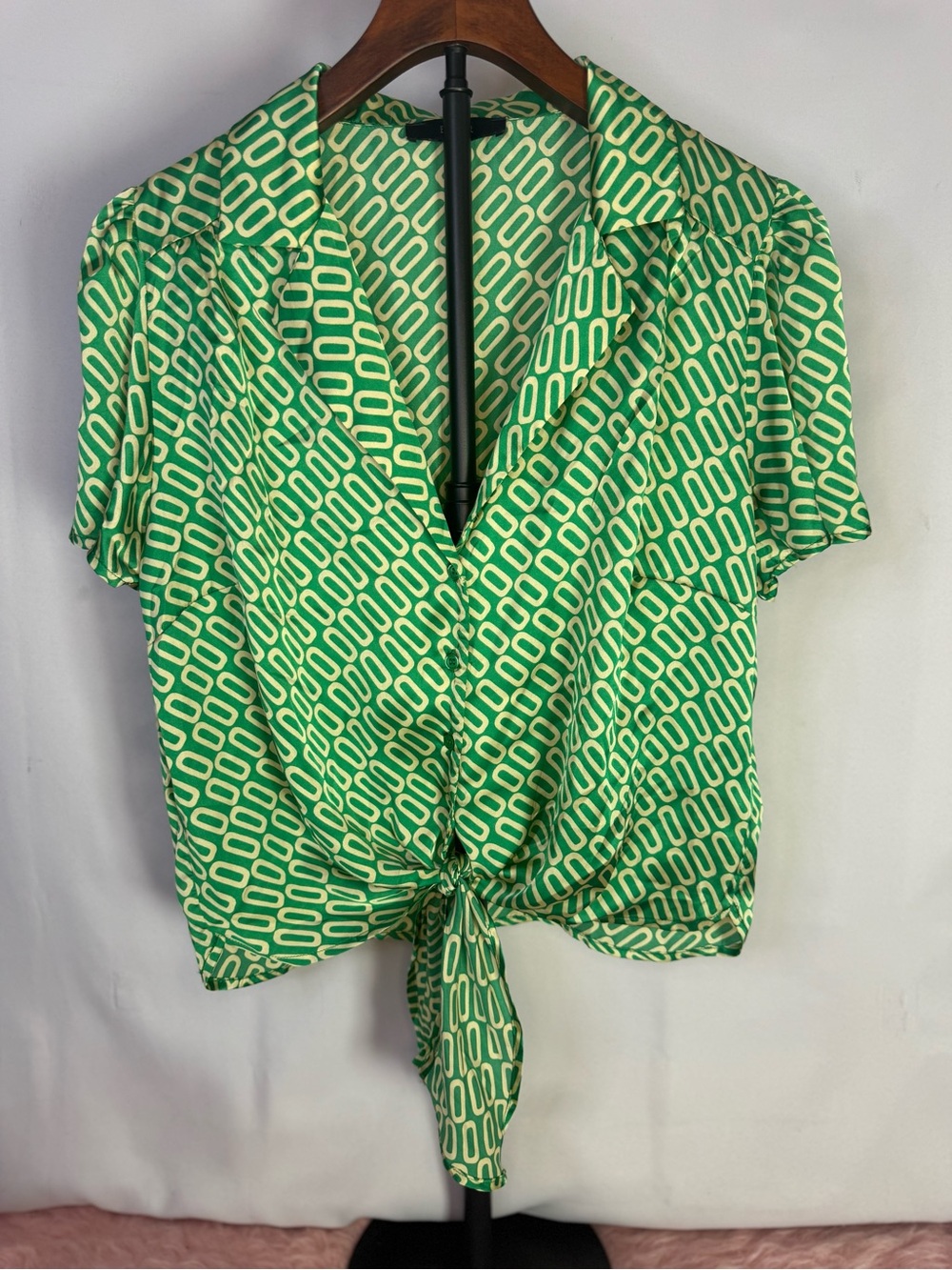 Eclair - Green Satin Geometric Tie-Front Short Sleeve Top - Size S